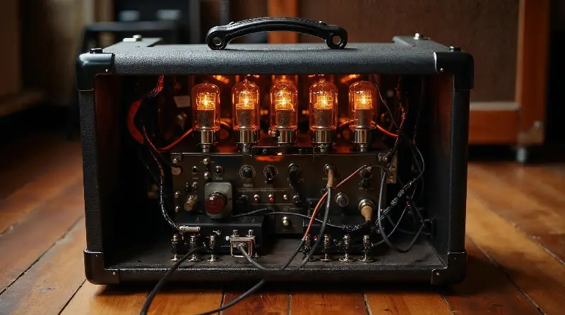 Arrière ouvert d'un combo pour guitare, avec ses lampes allumées