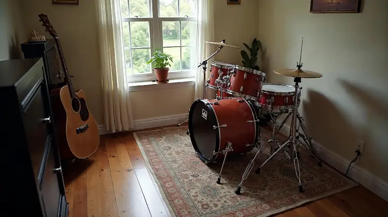 Batterie acoustique rouge installée sur un tapis dans une petite pièce, à côté d'une guitare