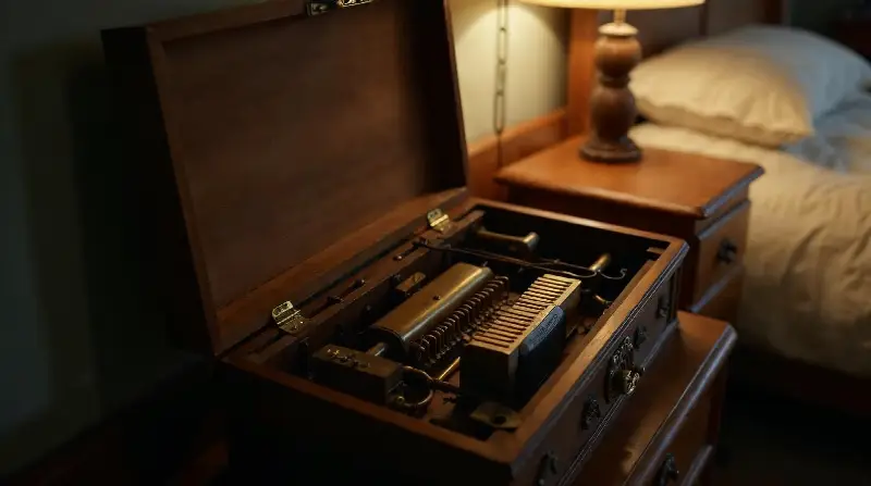 Boîte à musique ancienne ouverte, mécanisme en laiton visible, sur une commode près d'un lit éclairé par une lampe de chevet