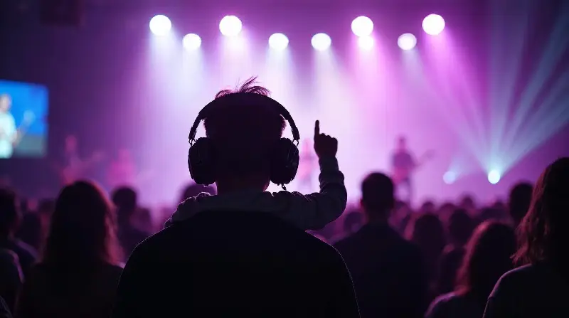 Enfant avec un casque antibruit sur les épaules d'un adulte, face à une scène de concert éclairée en violet