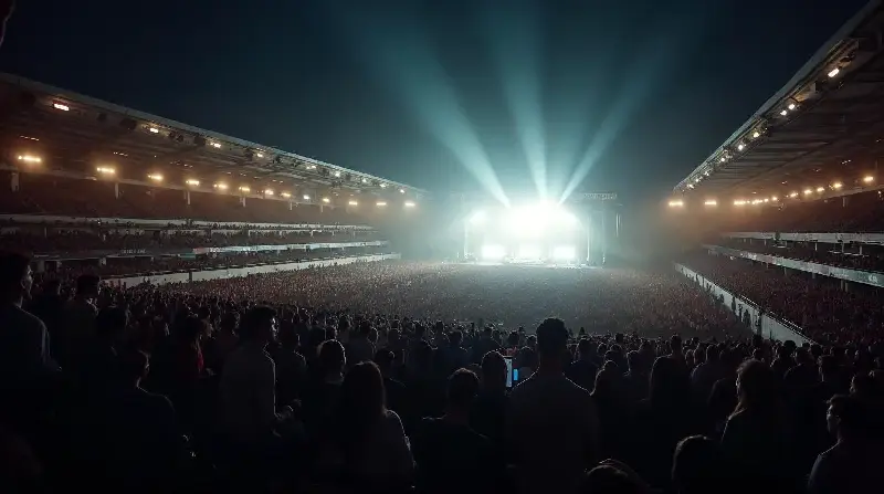 Foule de concert de dos dans un grand stade la nuit, gradins pleins et faisceaux de lumière au-dessus d'une scène au fond de la pelouse