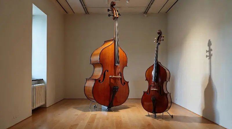 Grande contrebasse et contrebasse plus petite exposées côte à côte dans une salle de musée