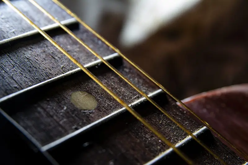 Gros plan sur la touche d'une guitare acoustique, ses frettes et un repère de position, sous des cordes en bronze légèrement ternies