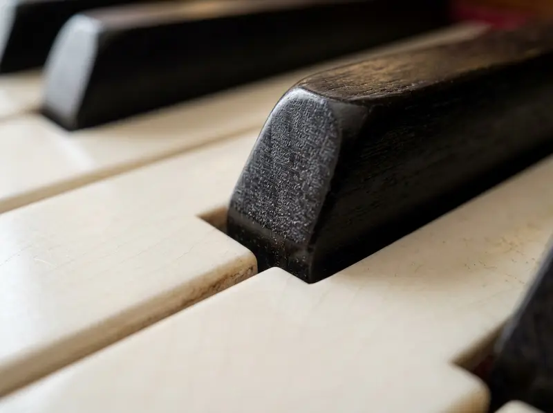 Gros plan sur les touches usées d'un vieux piano : une touche noire en bois entre des touches blanches craquelées