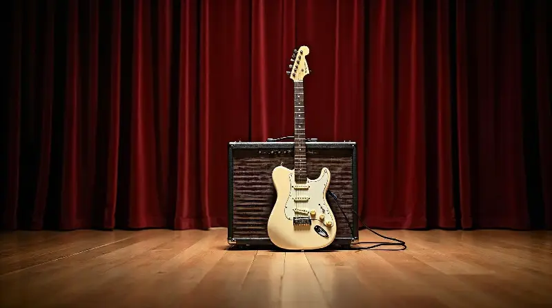 Guitare électrique crème appuyée contre un ampli, sur une scène vide devant un rideau de velours rouge
