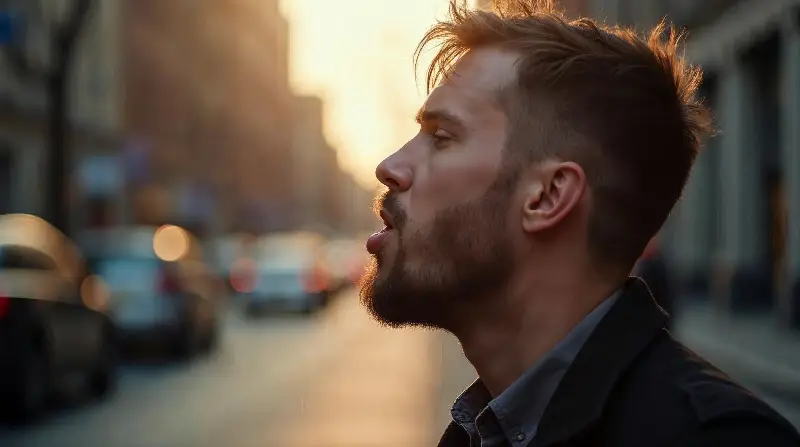 Homme barbu de profil qui siffle dans une rue au soleil couchant