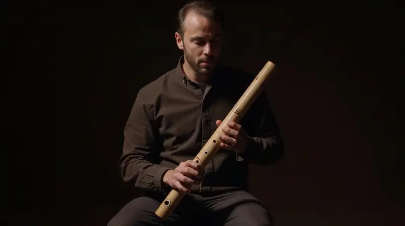 Musicien assis tenant un ney, longue flûte de roseau, sur fond sombre