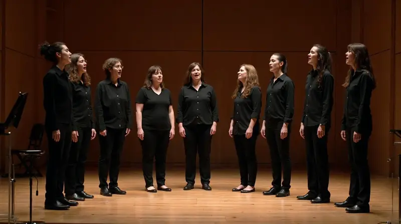 Neuf chanteuses vêtues de noir, en arc de cercle sur une scène boisée, chantant sans instrument