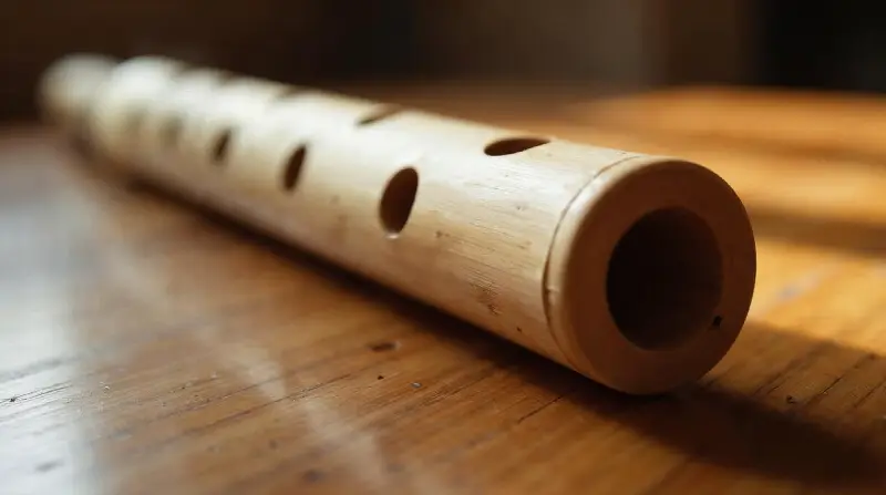 Flûte de roseau posée sur une table, vue de près avec ses trous de jeu