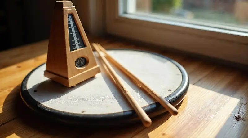 Pad d'entraînement rond sur une table en bois, un métronome à pyramide et une paire de baguettes posés dessus