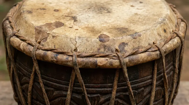 Peau usée d'un tambour en bois sculpté, tendue par des lanières de cuir