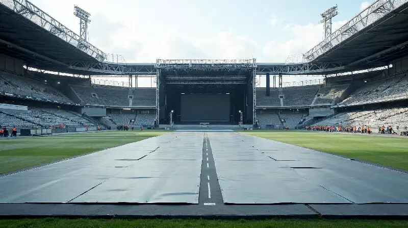 Pelouse d'un stade couverte de dalles de protection, avec une grande structure de scène en cours de montage au fond