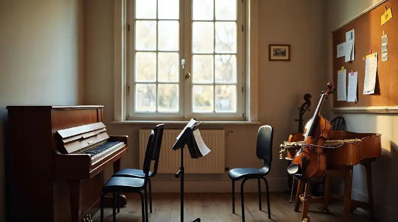Petite salle de cours d'une école de musique avec un piano droit, deux pupitres et un étui de violon ouvert sur une chaise