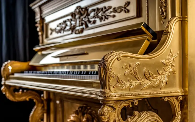 Piano droit doré aux boiseries sculptées de feuillages, vu de trois quarts, clavier ouvert