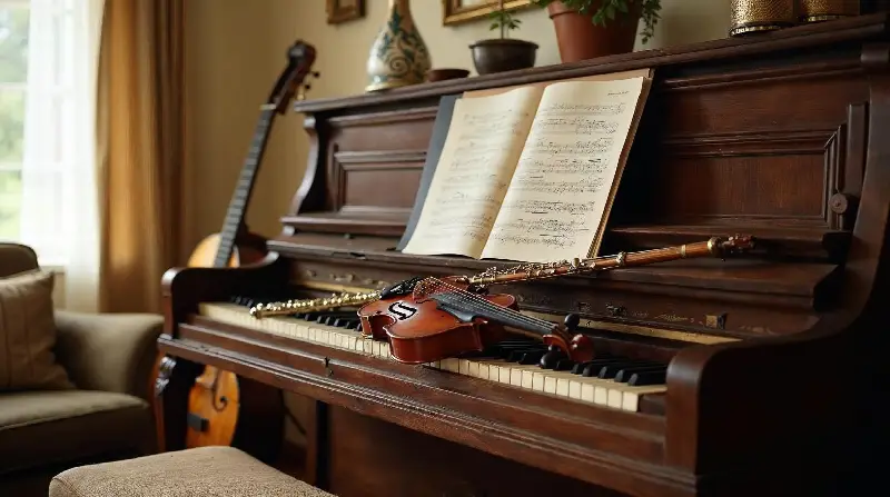 Vieux piano droit en bois avec un violon, une flûte et une guitare posés autour