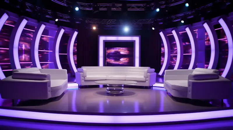 Plateau de télévision vide aux lumières violettes : canapés blancs autour d'une table basse en verre