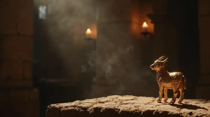Statuette de veau doré posée sur un autel de pierre, à la lueur de bougies