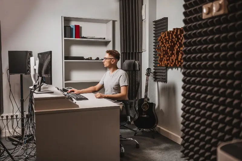 Studio avec mousse en pointes, panneau d'angle et diffuseur en bois au mur