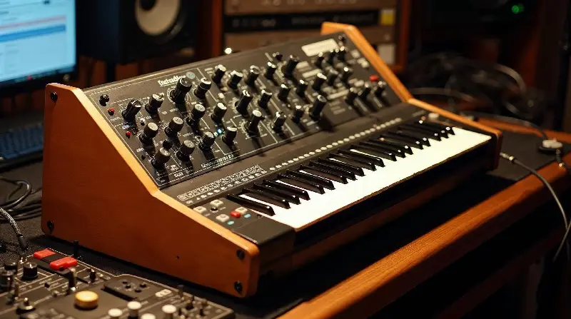 Synthétiseur analogique à clavier aux flancs en bois, panneau de boutons incliné, sur un bureau de studio