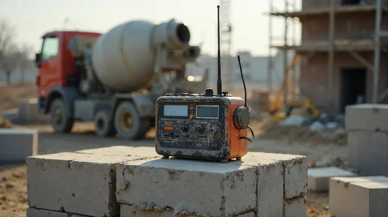 Vieux poste de radio couvert de poussière posé sur des blocs de béton, devant une bétonnière et un immeuble en construction sous échafaudage