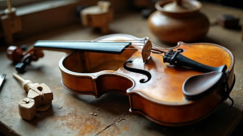 Violon ancien ouvert sur l'établi d'un luthier, entouré de chevilles et de pièces de bois