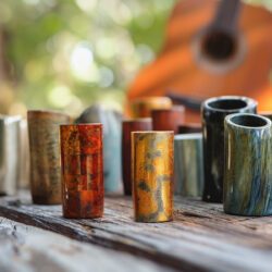 Une gamme de slides de guitare, incluant verre, laiton et céramique, disposée sur une table en bois rustique, illustrant la variété dans le choix des slides de guitare.