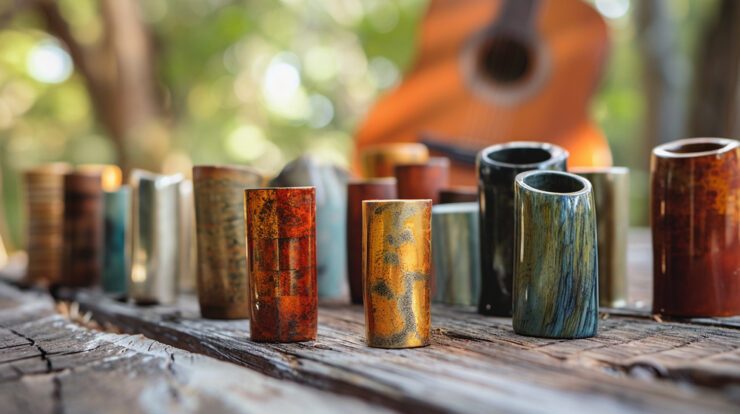 Une gamme de slides de guitare, incluant verre, laiton et céramique, disposée sur une table en bois rustique, illustrant la variété dans le choix des slides de guitare.